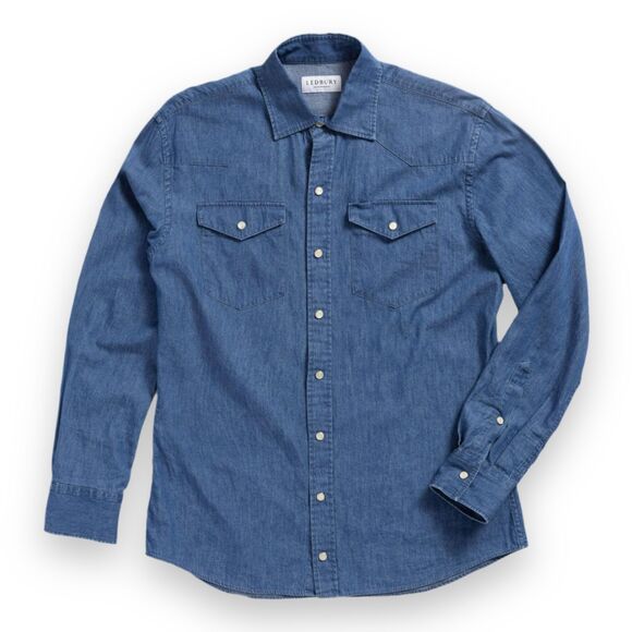 Ledbury Denim Blue Charlap Western Shirt Pearl Snap Sz 16 Tailored Fit M-L - Picture 12 of 12